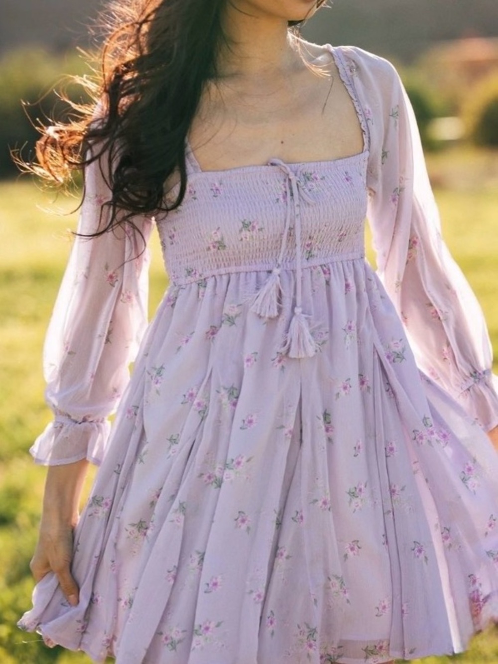 Smocked Bodice Lavender Floral Dress
